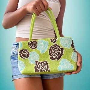 Vintage Beaded Rose Handbag, Lime Green Floral Beaded Purse, Y2K Evening Bag